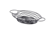 A black powder coated metal, oval-shaped Artisan Collection basket with open sides, swirled wire patterns, and two rounded handles on each end. The basket sits on a white background.