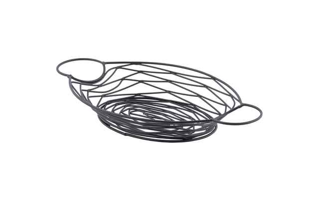 A black powder coated metal, oval-shaped Artisan Collection basket with open sides, swirled wire patterns, and two rounded handles on each end. The basket sits on a white background.