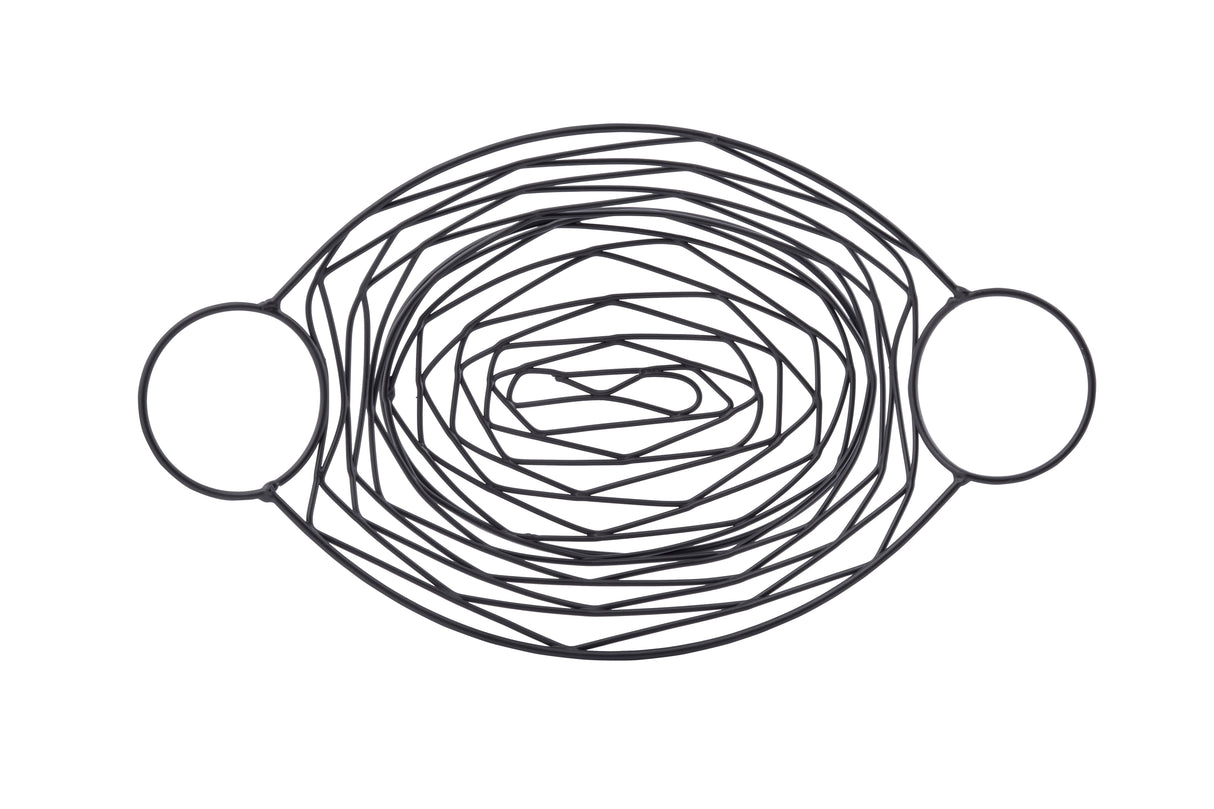 A black line drawing of an abstract eye shape with two circles at each end, reminiscent of an Artisan Collection basket. Inside, overlapping curved lines form a dense, oval web-like pattern on a plain white background.