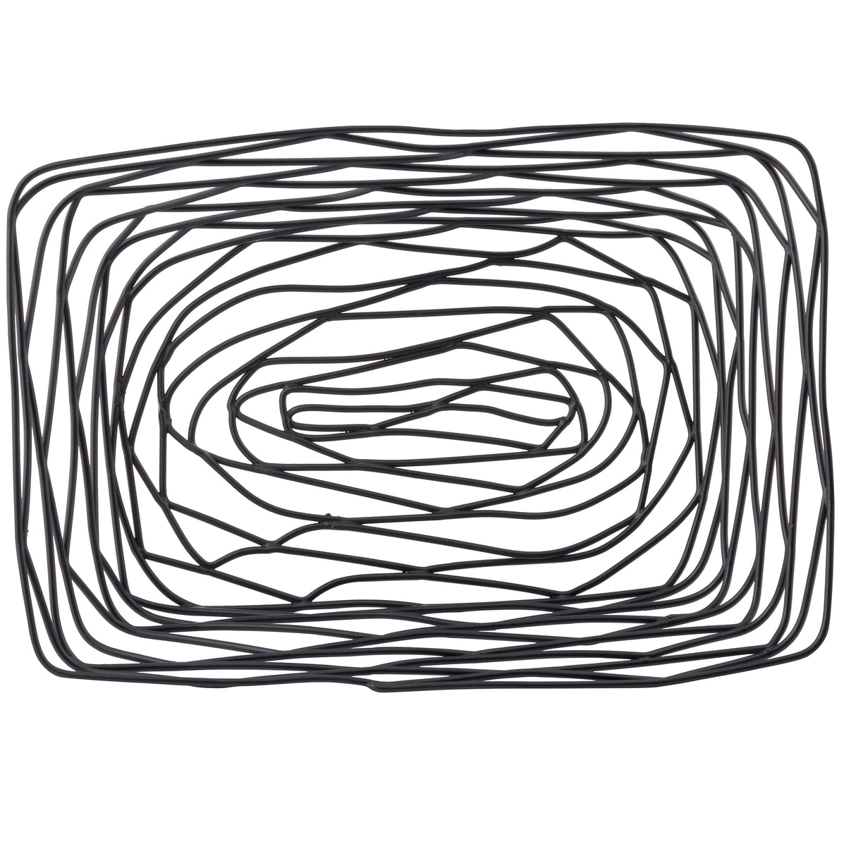 A series of uneven, black powder coated metal wire rectangles are nested concentrically on a white background, creating an abstract, layered geometric pattern that evokes the hand-drawn look of an artisan rectangular basket.