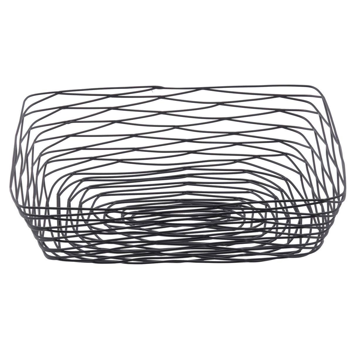 A rectangular serving basket from the Artisan Collection, this black powder coated metal basket features thin rods in a crisscross pattern, creating a geometric, airy look. The intersecting wires give it a modern, minimalist design. The basket is empty.