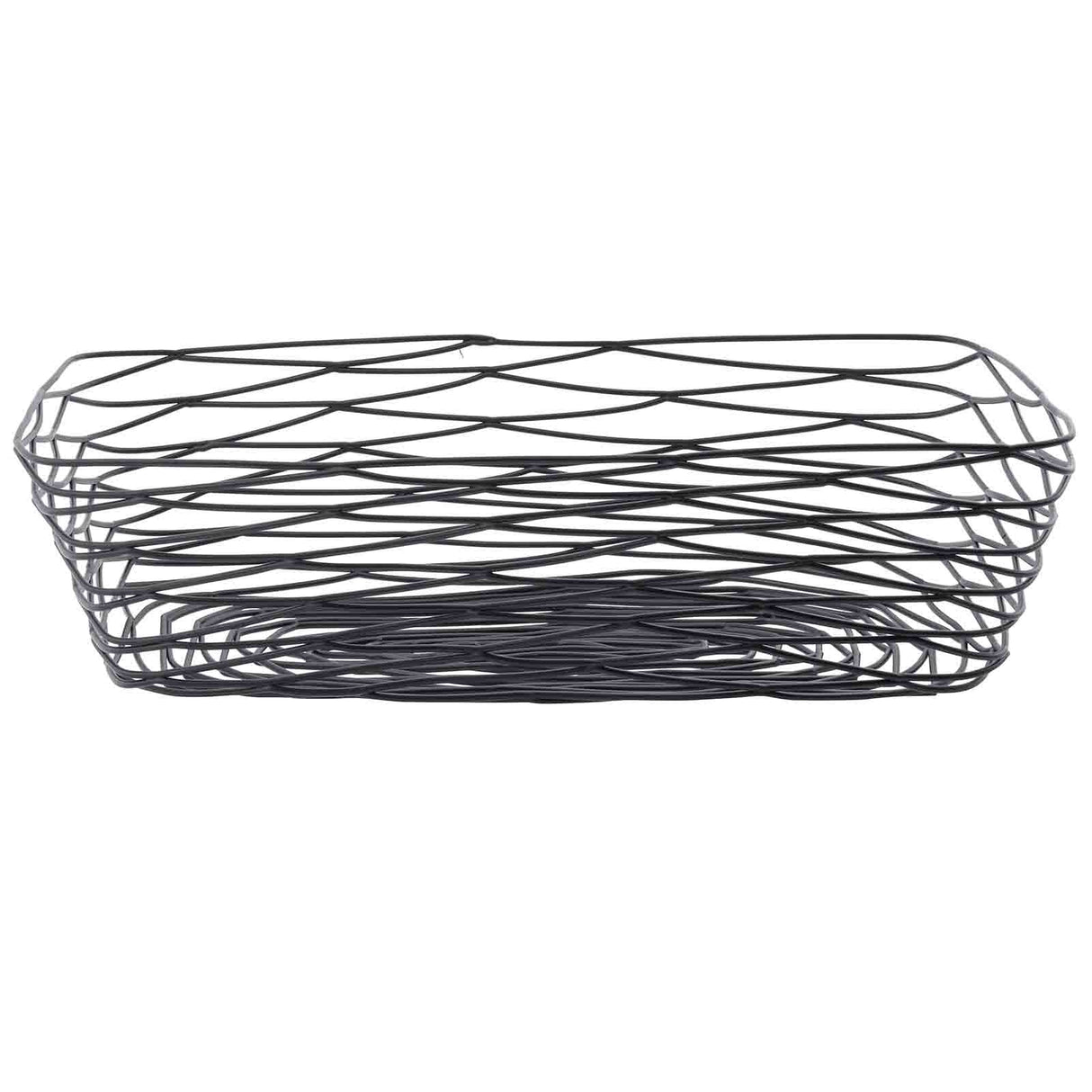 A rectangular serving basket from the Artisan Collection, this black powder coated metal basket features an open, crisscrossed pattern and airy, modern design. The handle-free basket sits flat on any surface, perfect for stylish organization or display.