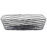 A rectangular serving basket from the Artisan Collection, this black powder coated metal basket features an open, crisscrossed pattern and airy, modern design. The handle-free basket sits flat on any surface, perfect for stylish organization or display.