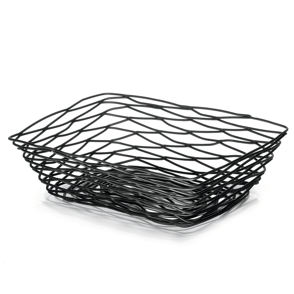 A black powder coated metal basket with wavy, geometric lines forms a modern, open lattice pattern. This rectangular serving basket from the Artisan Collection features slightly flared sides and a dynamic, airy design.