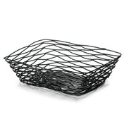 A black powder coated metal basket with wavy, geometric lines forms a modern, open lattice pattern. This rectangular serving basket from the Artisan Collection features slightly flared sides and a dynamic, airy design.
