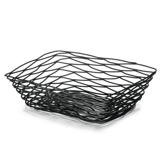 A black powder coated metal basket with wavy, geometric lines forms a modern, open lattice pattern. This rectangular serving basket from the Artisan Collection features slightly flared sides and a dynamic, airy design.