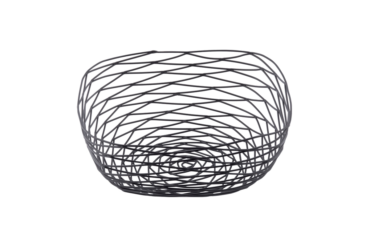 A modern, black powder coated metal basket from the Artisan Collection Basket line. Its open, geometric wire design forms a spiral pattern in a rounded, bowl-like shape. The empty TableCraft BK17310 is displayed on a plain white background.