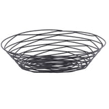 A round, shallow Artisan Collection Basket made of thin, black powder coated metal wires in a crisscross pattern. The circular base and flared sides create an open, airy design. The basket is empty and sits on a plain white background.