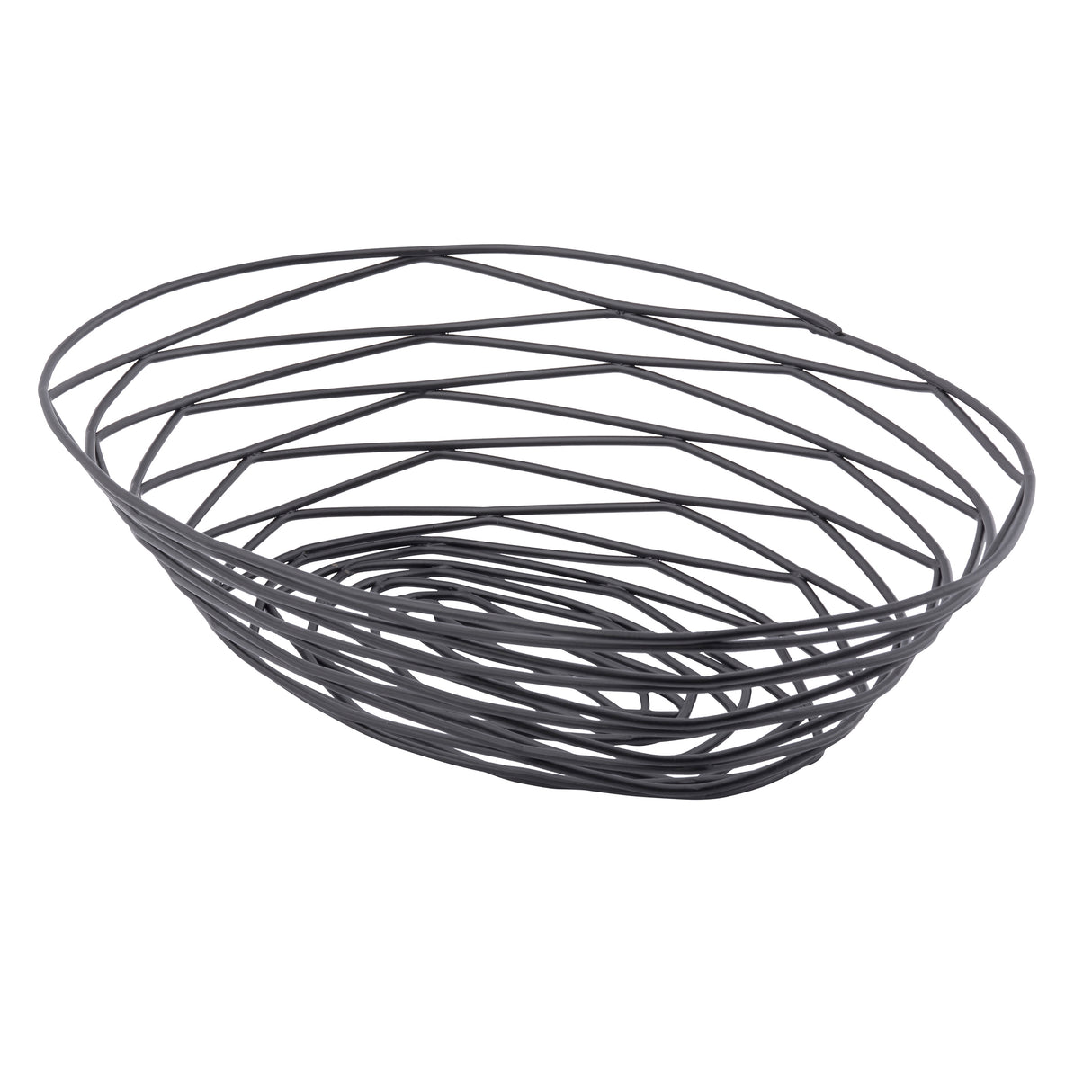 A modern, oval-shaped Artisan Collection Basket from TableCraft, crafted from black powder coated metal. Its open, airy design features interwoven wires arranged irregularly for a lightweight, minimalist look that widens gracefully toward the top.