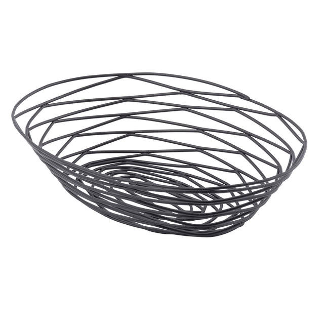 A modern, oval-shaped Artisan Collection Basket from TableCraft, crafted from black powder coated metal. Its open, airy design features interwoven wires arranged irregularly for a lightweight, minimalist look that widens gracefully toward the top.