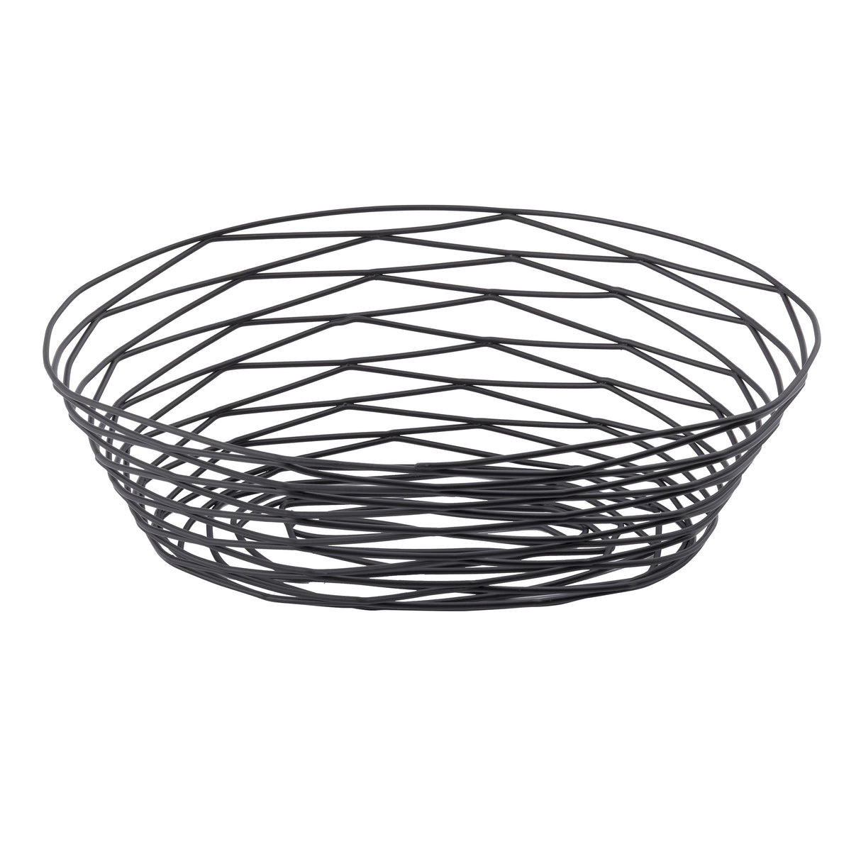 A black powder coated metal basket from the Artisan Collection Basket line, this round TableCraft BK17410 features an open crisscross pattern with thin wires forming a shallow bowl, set against a plain white background.