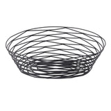 A black powder coated metal basket from the Artisan Collection Basket line, this round TableCraft BK17410 features an open crisscross pattern with thin wires forming a shallow bowl, set against a plain white background.