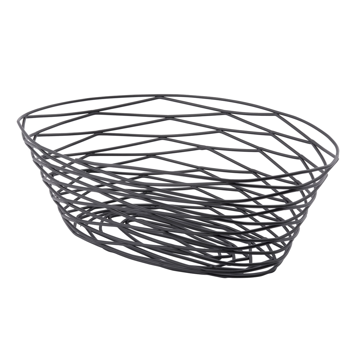 A modern oval Artisan Collection Basket, crafted from black powder coated metal. Its open, crisscrossing pattern and irregularly angled lines create a geometric, airy look. This TableCraft BK17410 basket sits flat with no handles for a sleek finish.