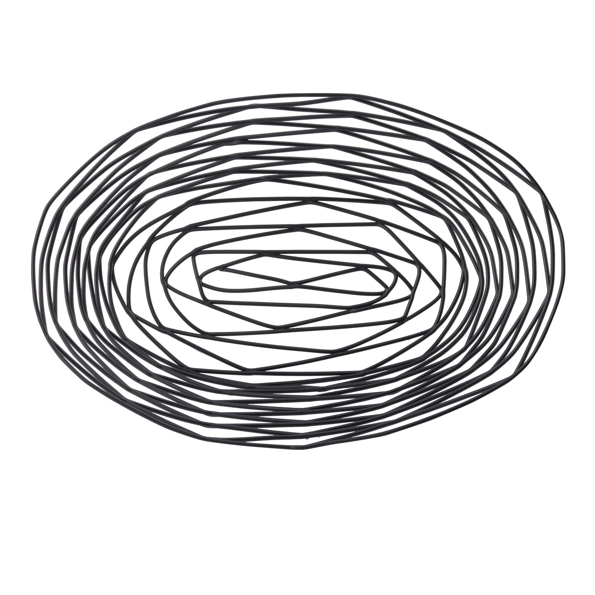 A series of overlapping black powder coated metal basket lines form a nest-like pattern on a white background, creating an abstract, tangled, and layered circular design with varying thickness and irregular spacing.