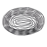 A series of overlapping black powder coated metal basket lines form a nest-like pattern on a white background, creating an abstract, tangled, and layered circular design with varying thickness and irregular spacing.