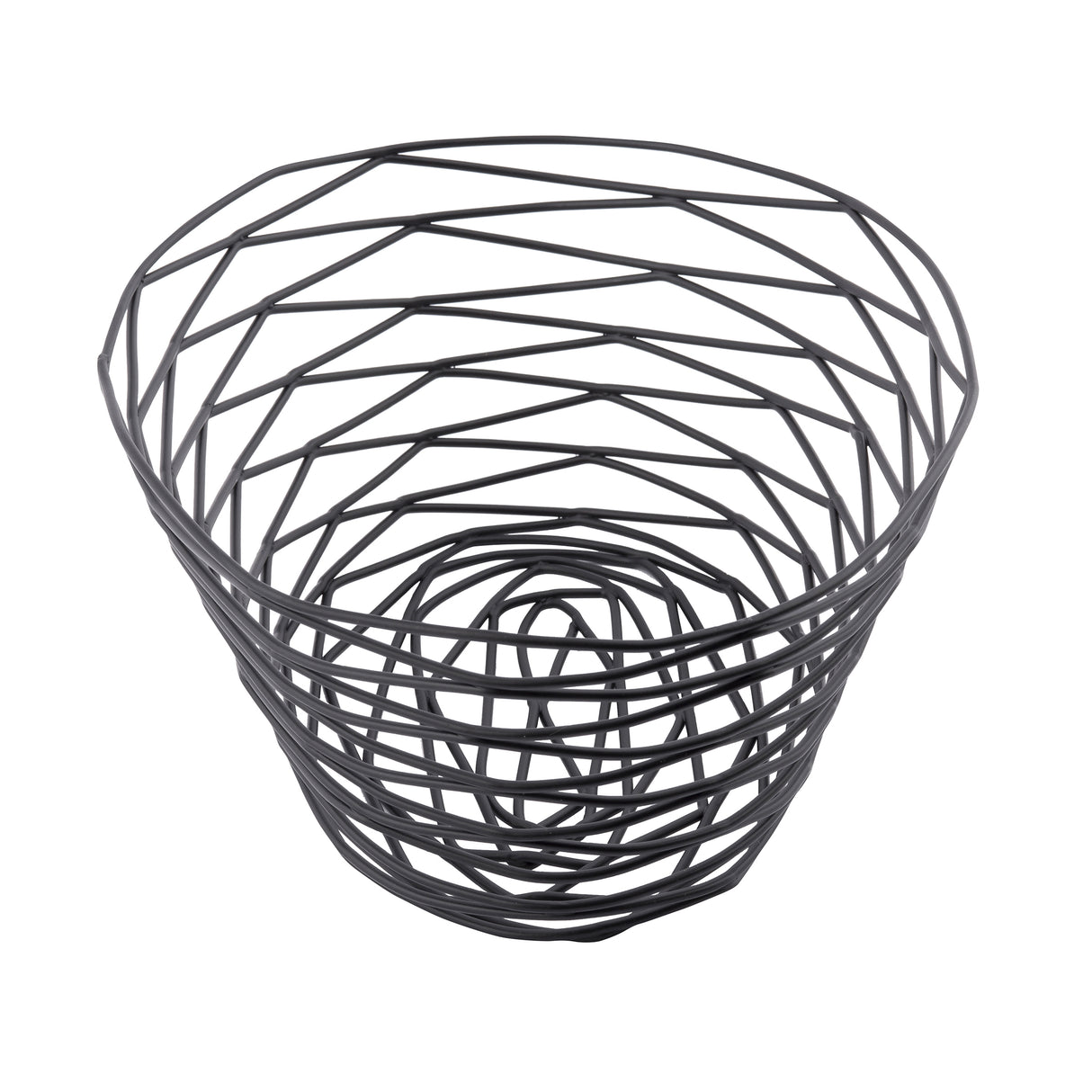 A black powder coated metal basket from the TableCraft BK17410 Artisan Collection, featuring an open, geometric design with concentric ovals and angled lines for a modern, airy look. The empty basket is photographed against a plain white background.