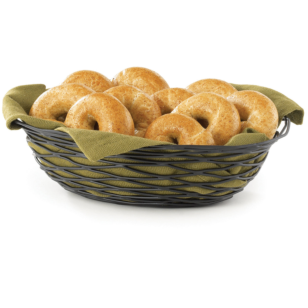 A black powder coated metal basket from the Artisan Collection Basket, TableCraft BK17412, lined with a green cloth, holds several golden-brown bagels with shiny crusts, arranged neatly against a plain white background.