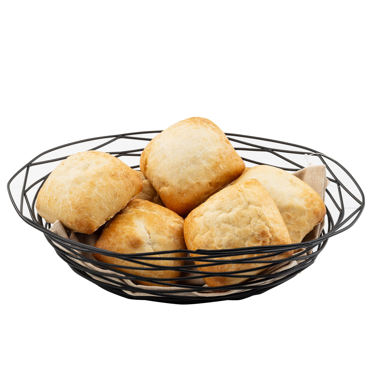 A black powder coated metal basket from the Artisan Collection Basket line, model TableCraft BK17412, holds six golden-brown, rustic dinner rolls piled atop a beige cloth, all isolated on a white background.
