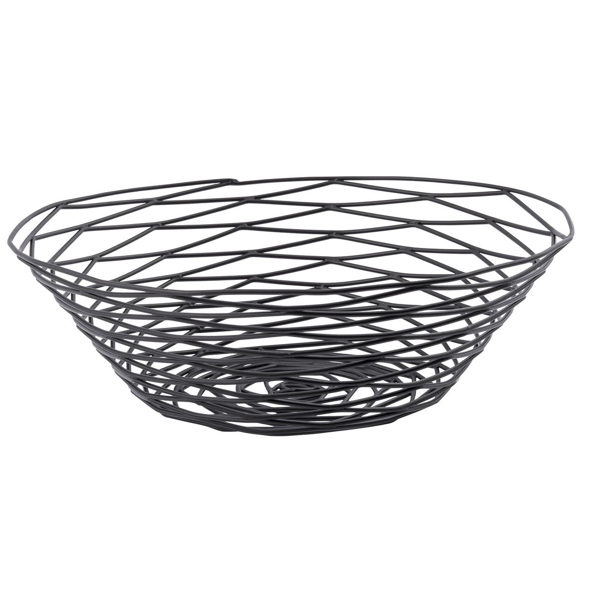 A round, open black powder coated metal wire basket with a crisscross pattern and flat base. Part of the Artisan Collection Basket by TableCraft, it features an airy, modern design and is shown empty against a white background.