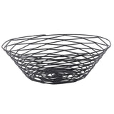 A round, open black powder coated metal wire basket with a crisscross pattern and flat base. Part of the Artisan Collection Basket by TableCraft, it features an airy, modern design and is shown empty against a white background.