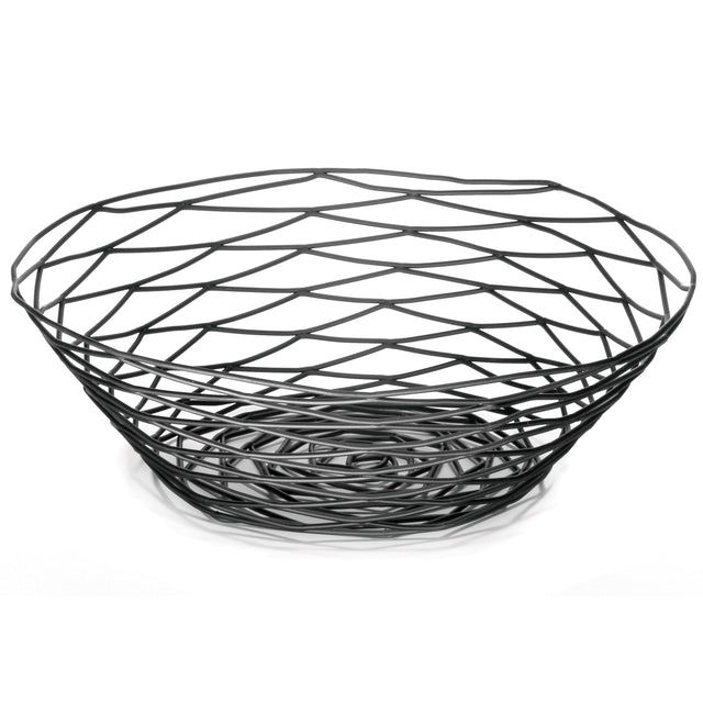 A round, black powder coated metal basket from the Artisan Collection Basket line by TableCraft features an open, crisscross pattern and a wide rim tapering to a smaller base. The plain white background highlights the basket’s elegant, shallow bowl shape.