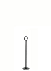 A single metal number stand with a circular ring at the top stands upright on a flat, round base. Finished in a sleek black powder coat, its minimalist TableCraft design is highlighted against the completely white background.