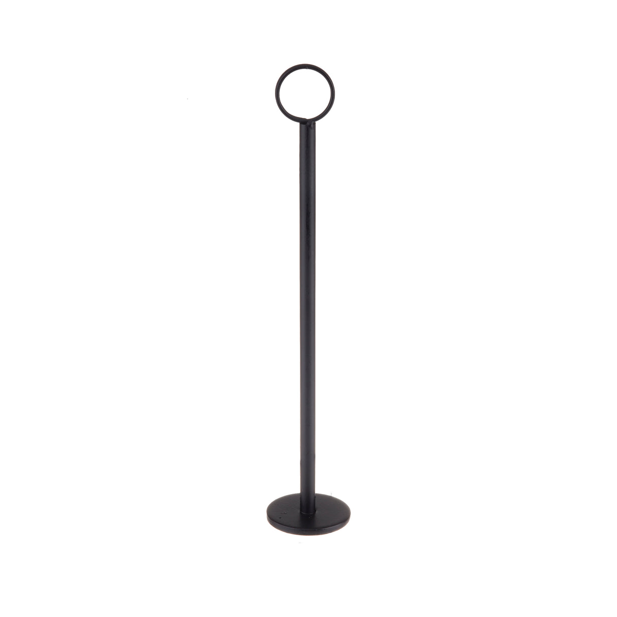 A 12" tall black number stand with a circular ring at the top, a straight vertical pole, and a round flat base. Finished in a sleek black powder coat, this stand is photographed on a plain white background.