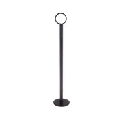 A 12" tall black number stand with a circular ring at the top, a straight vertical pole, and a round flat base. Finished in a sleek black powder coat, this stand is photographed on a plain white background.