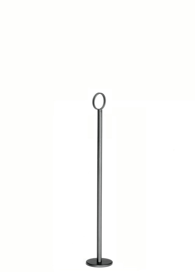 A 15" tall, slender TableCraft metal Number Stand with a round base and a circular ring at the top, set against a plain white background. The design is simple and minimalist.