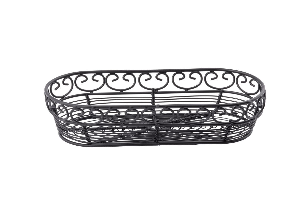 A black powder coated metal, oval-shaped wire basket from the Mediterranean Collection Basket by TableCraft, features decorative swirls along the rim and open sides. Its simple, airy design is perfect for holding fruits or bread.