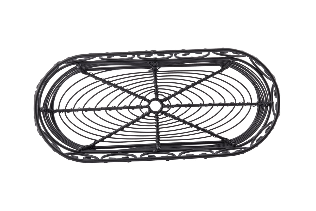 An empty, black powder coated metal Mediterranean Collection Basket by TableCraft is shown from above. The oval basket features a central circular junction, radiating wires, and curved rim accents, with an open design revealing a clean white background.