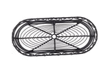 An empty, black powder coated metal Mediterranean Collection Basket by TableCraft is shown from above. The oval basket features a central circular junction, radiating wires, and curved rim accents, with an open design revealing a clean white background.