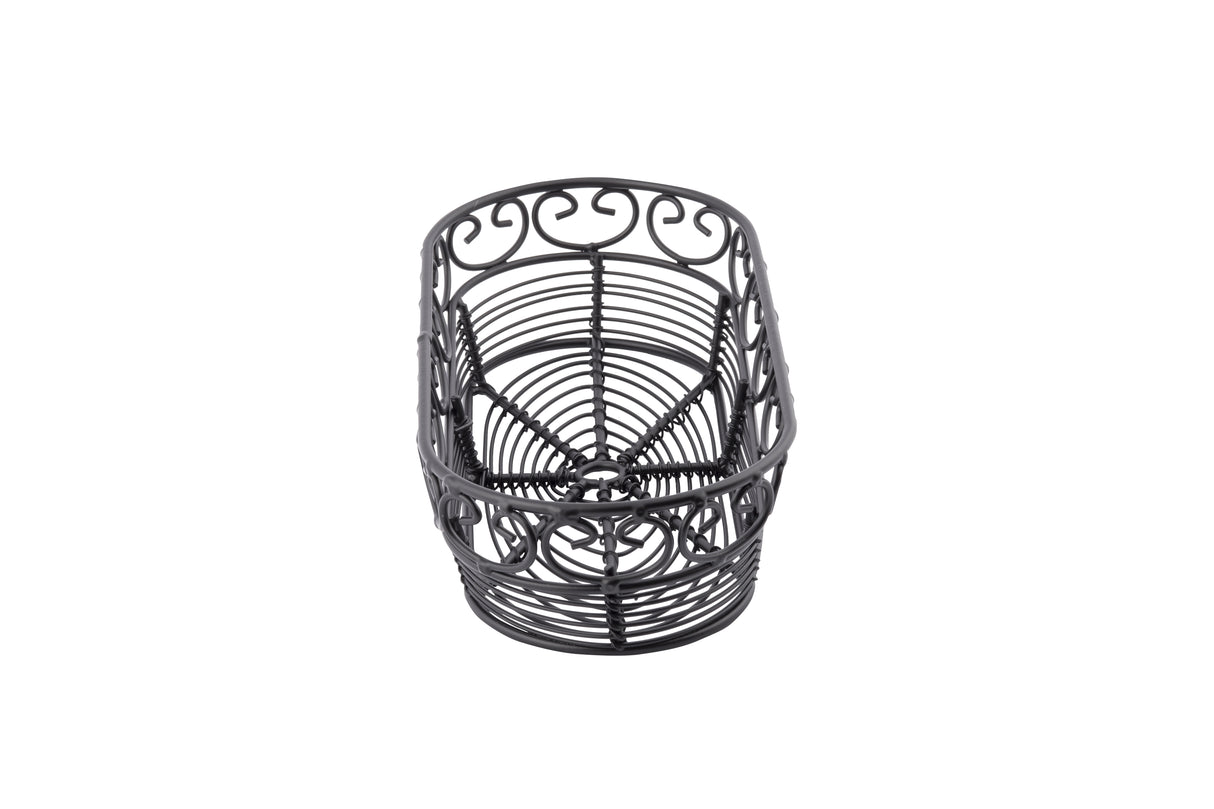 A black powder coated metal wire basket from the Mediterranean Collection Basket by TableCraft is shown from above. Its open, airy design features curved and spiral patterns, creating an intricate, decorative look against a plain white background.