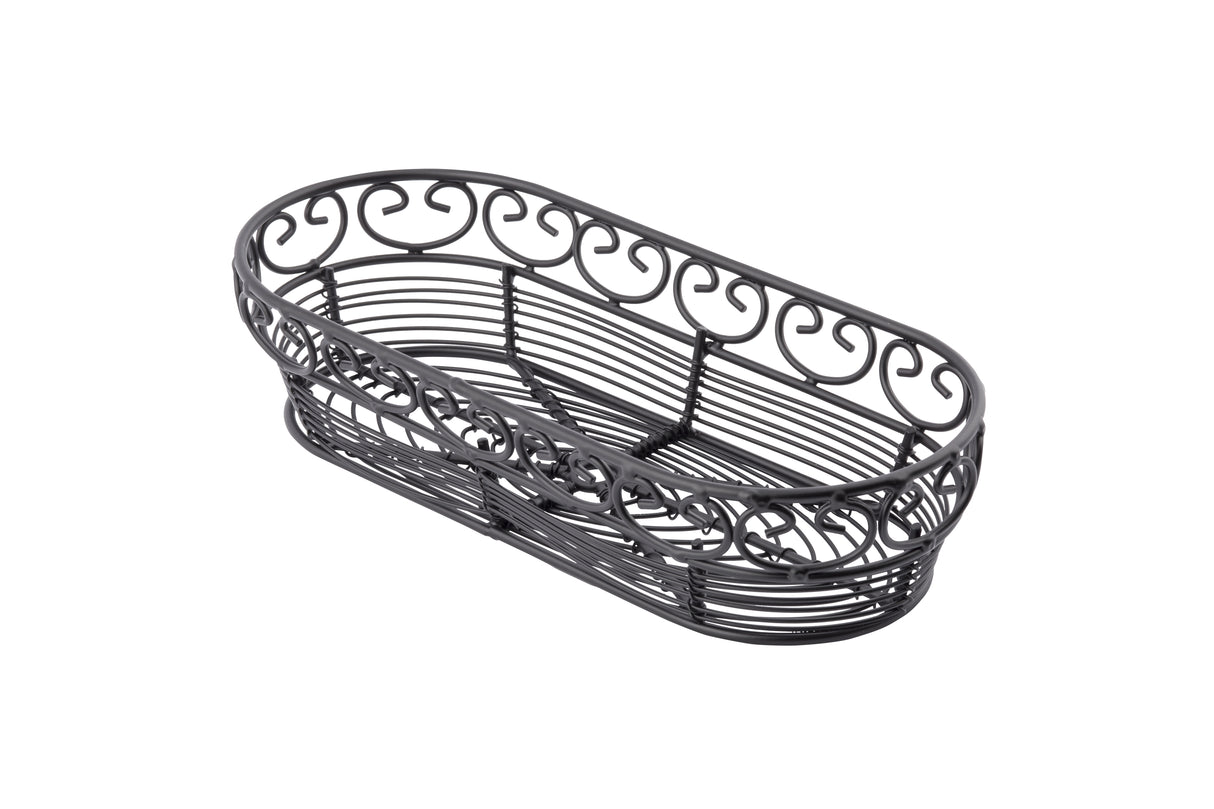 An empty, black, oval-shaped wire basket from the TableCraft Mediterranean Collection Basket line features decorative swirls along the upper edge. Crafted from black powder coated metal, its airy design is photographed on a white background.