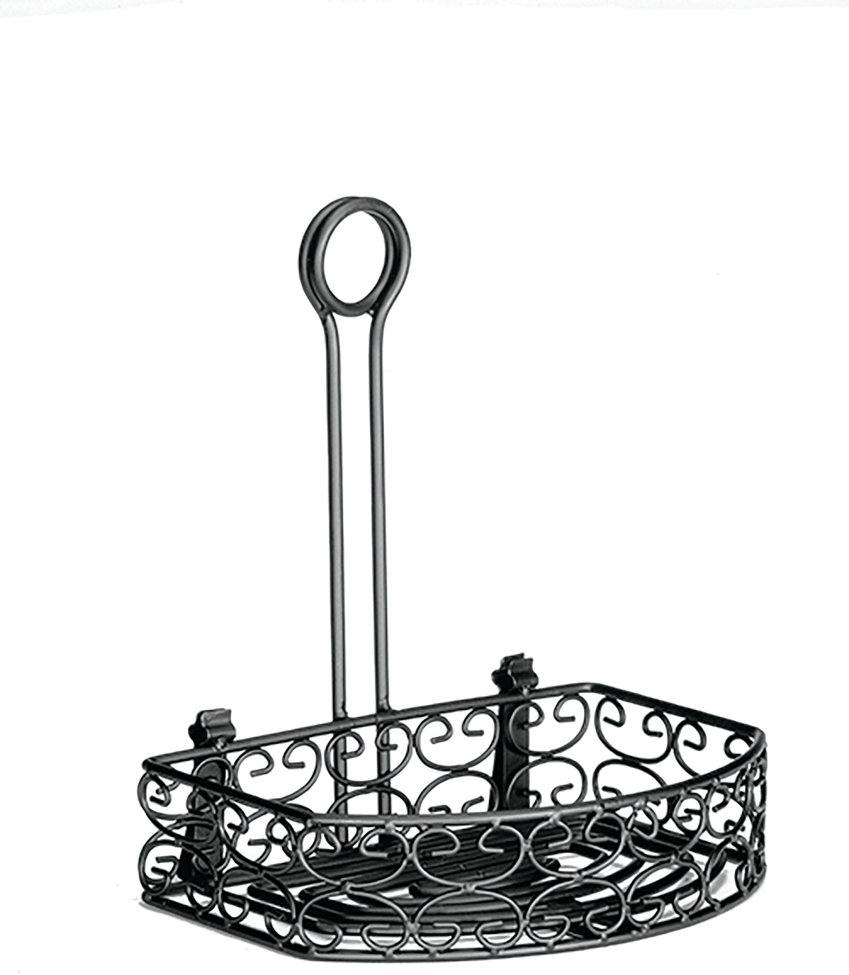 A decorative black powder coated metal shower caddy with a triangular base and intricate swirl patterns. The Mediterranean Versa Rack features a long handle with a circular merchandising ring for hanging, designed to fit neatly in any corner.