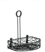 A decorative black powder coated metal shower caddy with a triangular base and intricate swirl patterns. The Mediterranean Versa Rack features a long handle with a circular merchandising ring for hanging, designed to fit neatly in any corner.