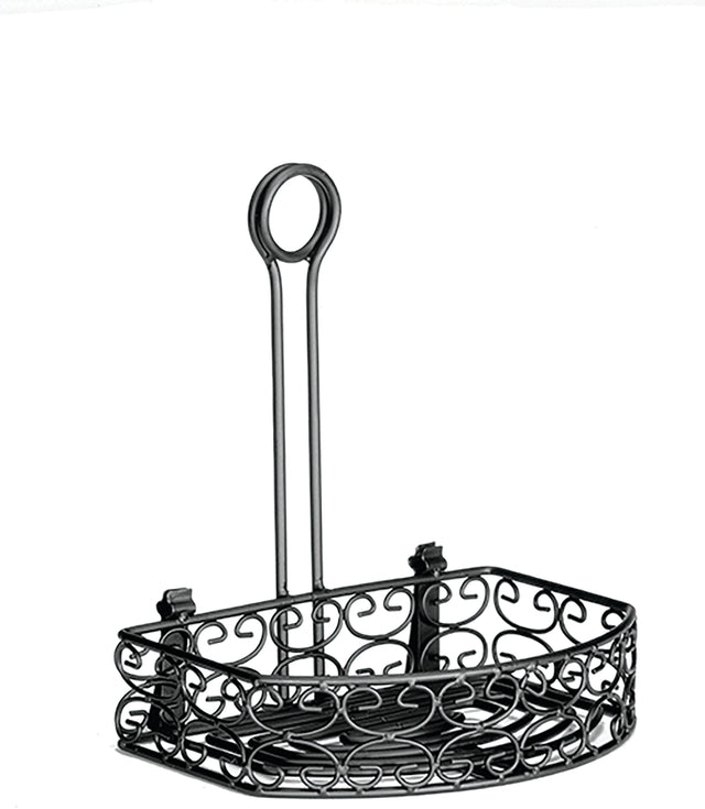 A decorative black powder coated metal shower caddy with a triangular base and intricate swirl patterns. The Mediterranean Versa Rack features a long handle with a circular merchandising ring for hanging, designed to fit neatly in any corner.