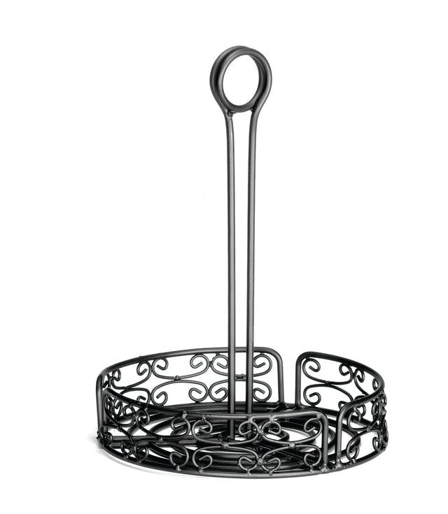 A black powder coated metal holder with ornate scrollwork, featuring a round base, open sides, and a tall center handle with a merchandising ring loop. This Mediterranean Versa Rack is empty and photographed against a white background.