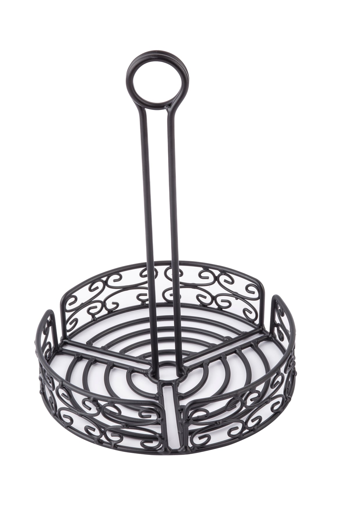 A black powder coated metal napkin holder with an ornate swirl design. It is circular with a tall handle, ending in a merchandising ring loop. The holder is empty and placed on a white background.