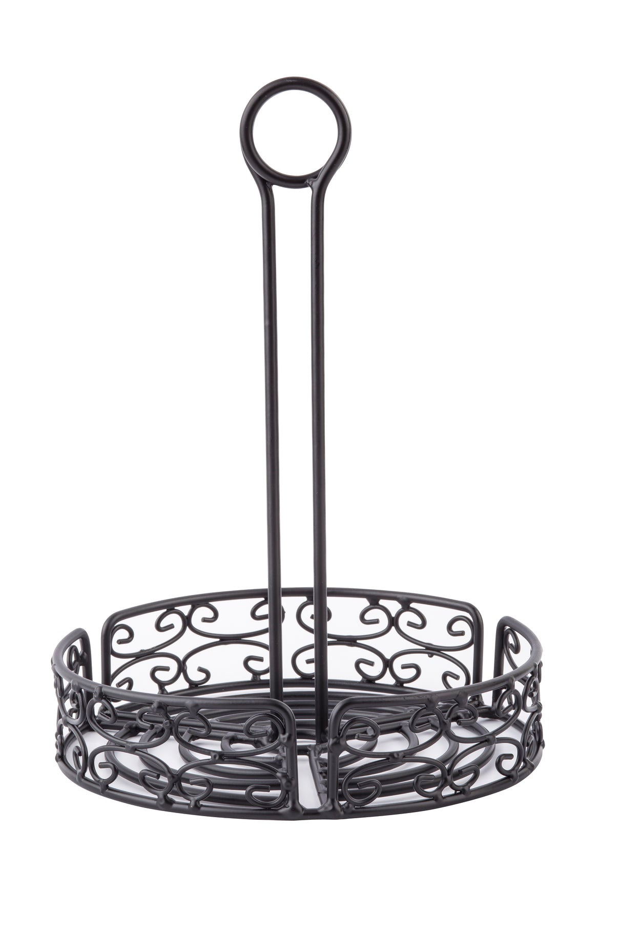 A decorative black powder coated metal basket with a round base and tall handle. The sides feature ornate scrollwork, and the handle has a merchandising ring at the top for easy carrying or hanging. Basket is empty and isolated on a white background.