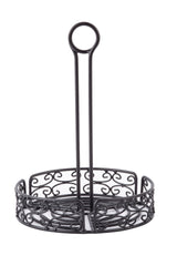 A decorative black powder coated metal basket with a round base and tall handle. The sides feature ornate scrollwork, and the handle has a merchandising ring at the top for easy carrying or hanging. Basket is empty and isolated on a white background.