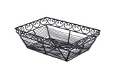 A rectangular black basket from the Mediterranean Collection, this powder coated metal basket features open sides and a decorative swirl pattern along the top edge. Perfect for stylish storage or organization, it sits empty on a white background.