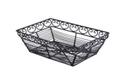 A rectangular black basket from the Mediterranean Collection, this powder coated metal basket features open sides and a decorative swirl pattern along the top edge. Perfect for stylish storage or organization, it sits empty on a white background.