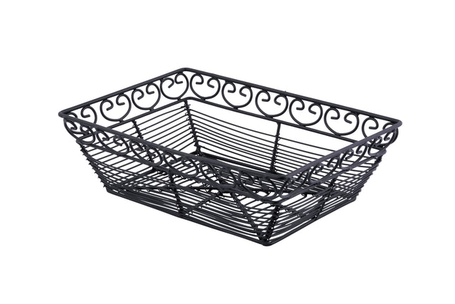 A rectangular black basket from the Mediterranean Collection, this powder coated metal basket features open sides and a decorative swirl pattern along the top edge. Perfect for stylish storage or organization, it sits empty on a white background.