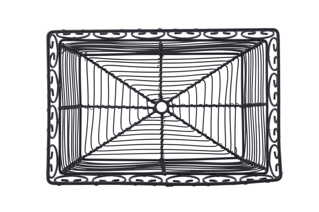 A rectangular black basket from the Mediterranean Collection, crafted from powder coated metal with decorative swirling edges and a grid base featuring a small central circle. The basket is viewed from above against a plain white background.