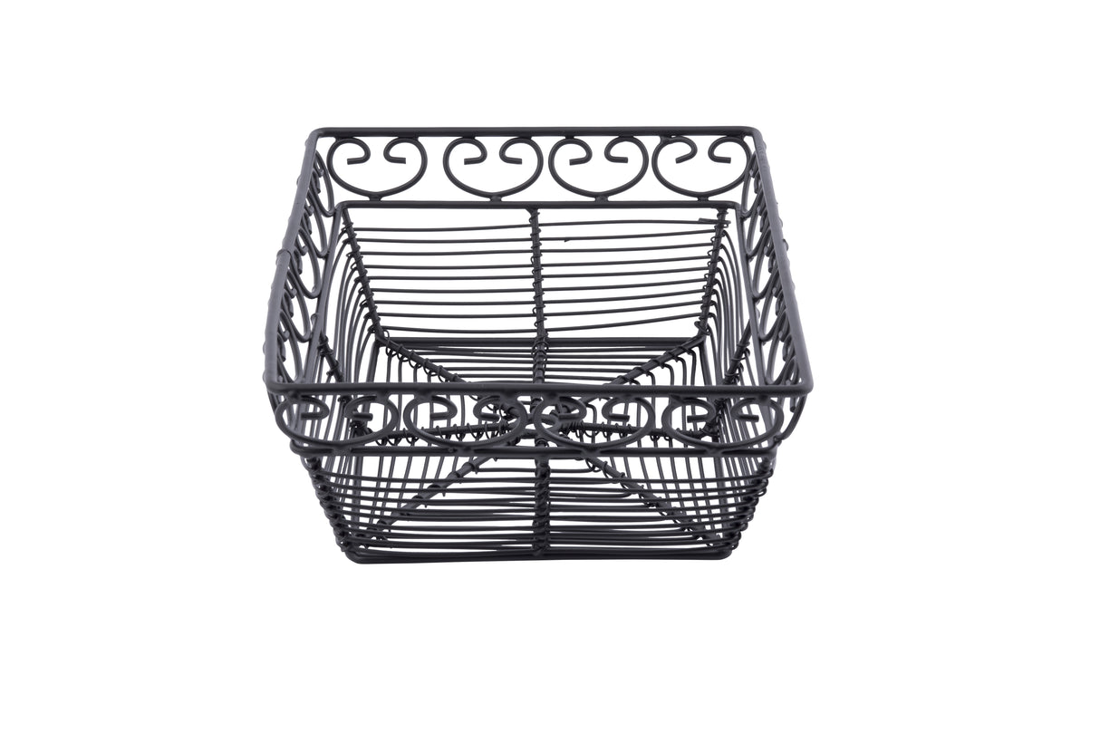 A rectangular black powder coated metal basket with decorative swirled patterns along the top edge. Part of the Mediterranean Collection Basket line, it features an open grid design and is photographed on a white background, facing forward.