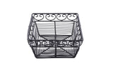 A rectangular black powder coated metal basket with decorative swirled patterns along the top edge. Part of the Mediterranean Collection Basket line, it features an open grid design and is photographed on a white background, facing forward.