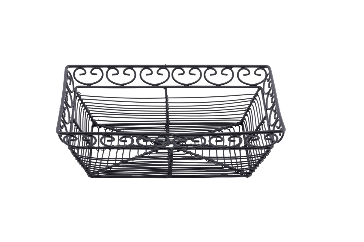 Rectangular black basket with ornate scrollwork detailing along the top edge, part of our Mediterranean Collection Basket series. The powder coated metal basket features a sturdy frame and open design, photographed on a white background.