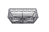 Rectangular black basket with ornate scrollwork detailing along the top edge, part of our Mediterranean Collection Basket series. The powder coated metal basket features a sturdy frame and open design, photographed on a white background.