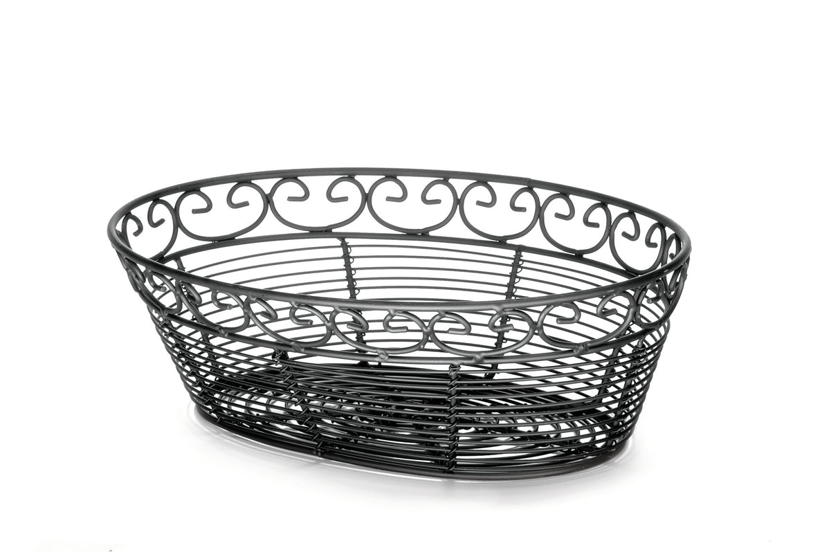 A black powder coated metal oval basket from the TableCraft Mediterranean Collection Basket line. Its open design features elegant swirling patterns along the top edge, highlighting intricate, airy metalwork against a white background.